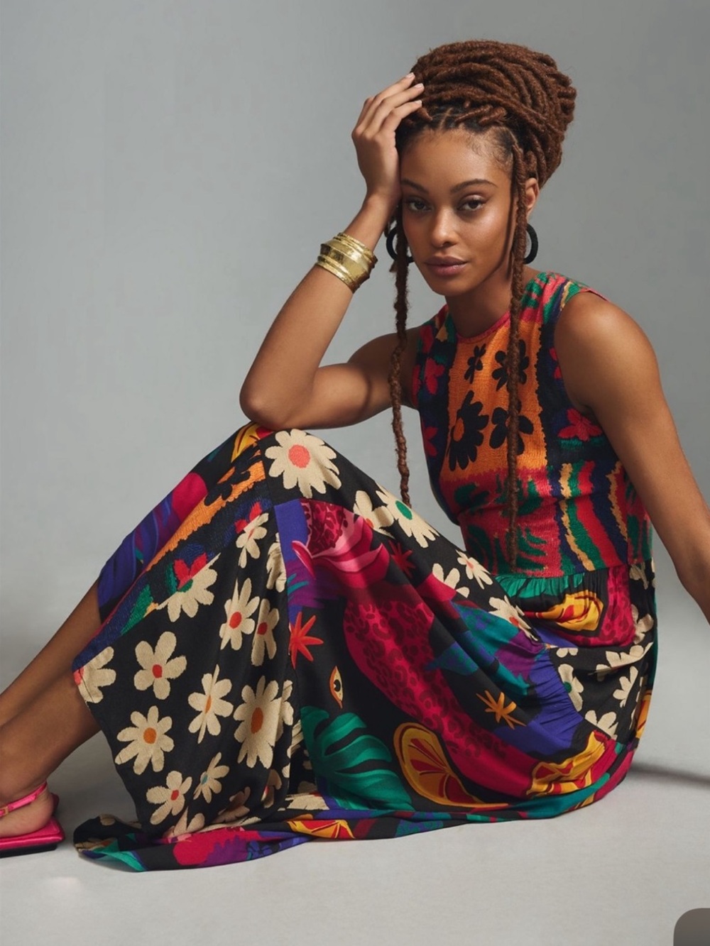 FARM RIO Sleeveless Vibrant Floral Pop Print Patchwork Maxi Dress